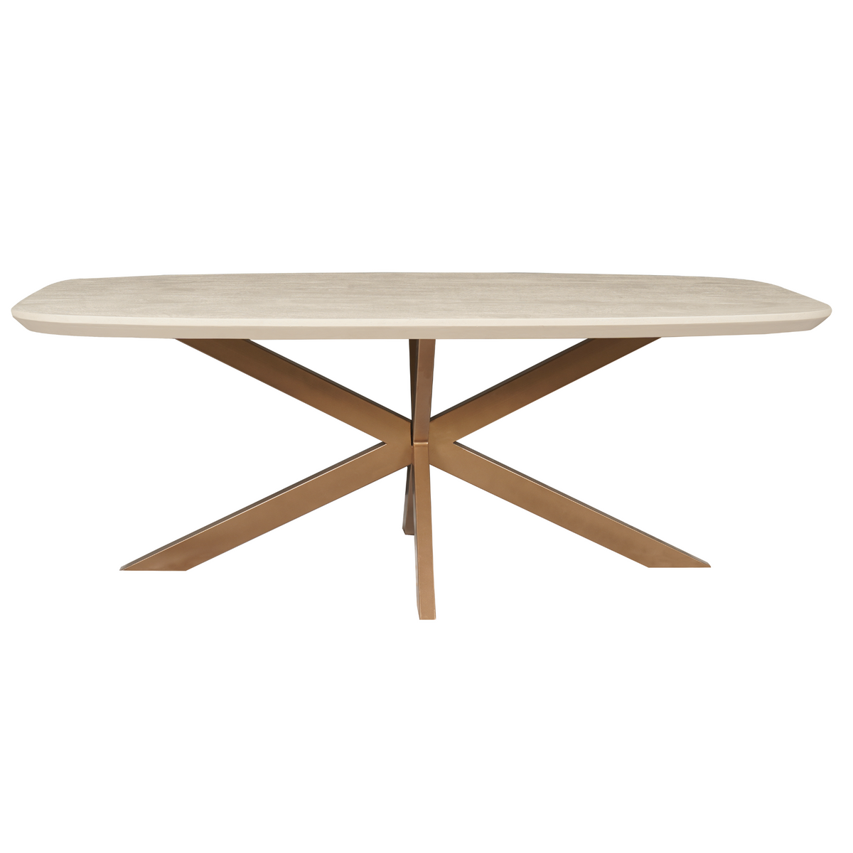 Eettafel met zandkleurig ovaal tafelblad en kruisvormige houten poten