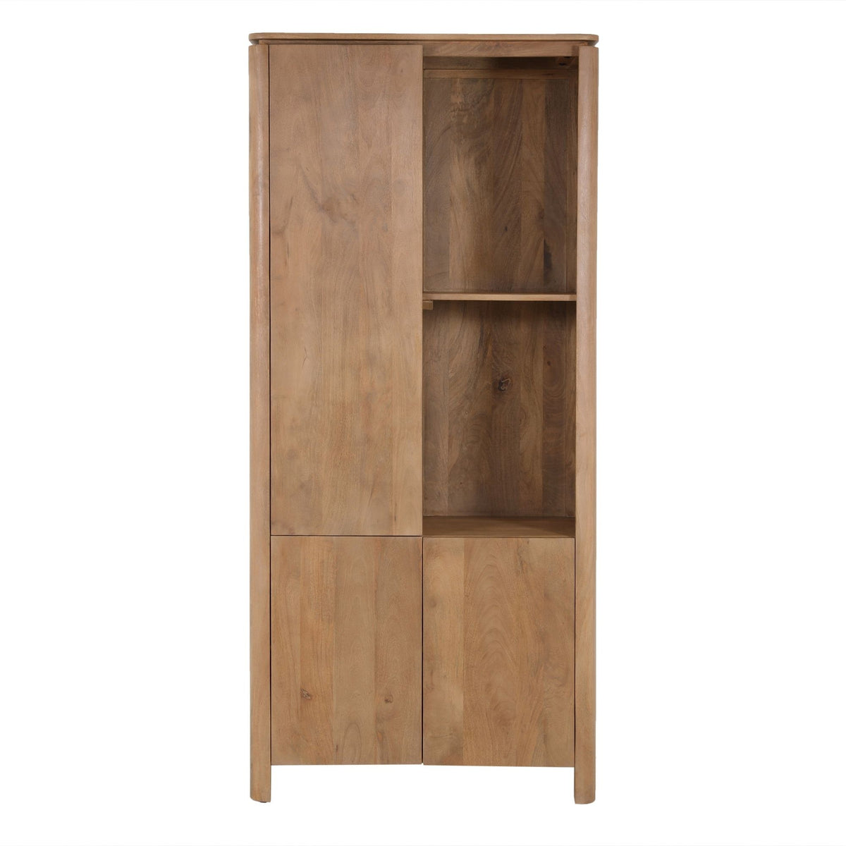 Mangohouten vakkenkast met 2 deuren en open vakken, naturel hout, nette rechte hoeken.