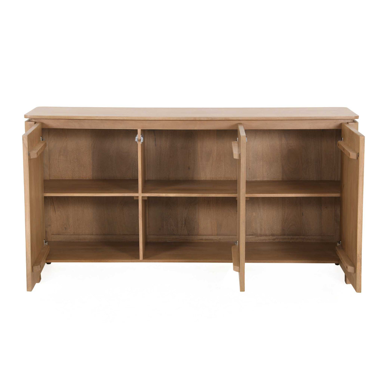Open dressoir: interieur met legplanken in naturel mangohout en grijze steentop