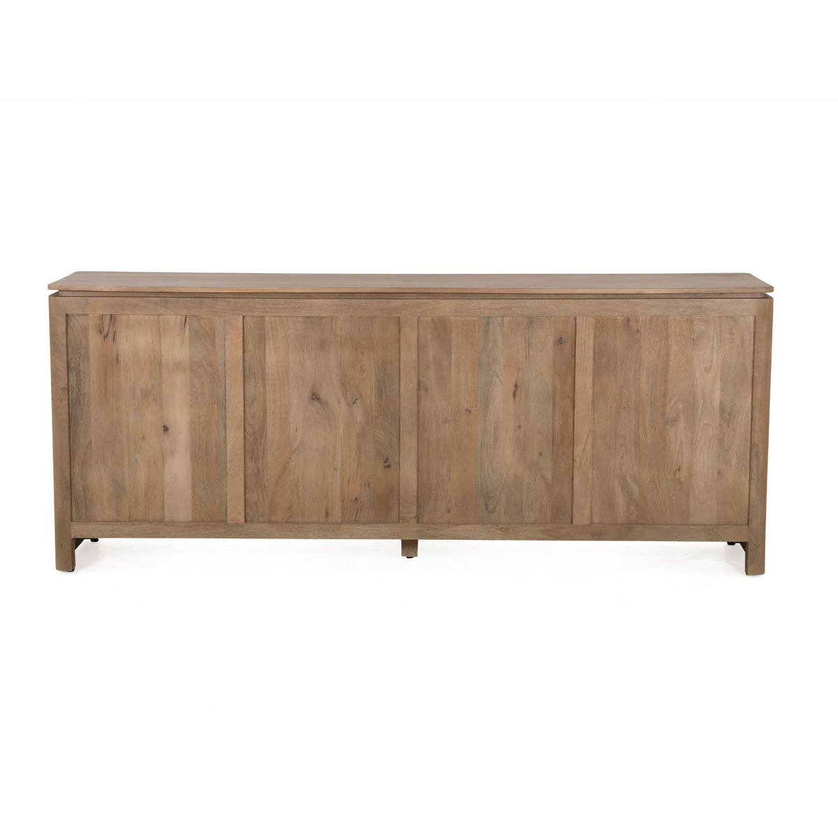Dressoir in naturel mangohout met grijs blad, vier deuren en stevige houten poten