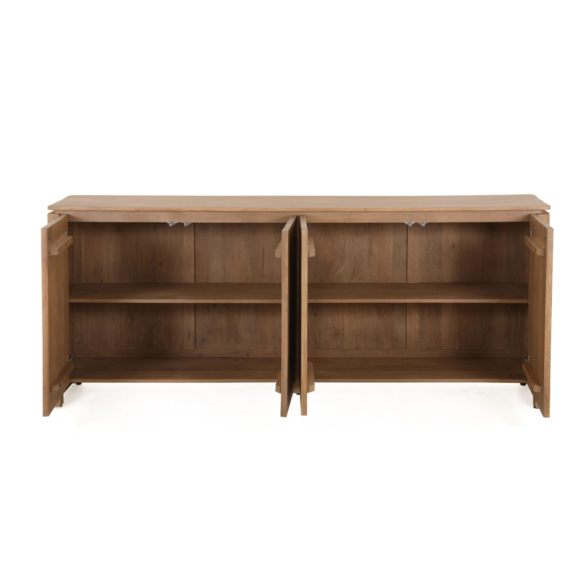 Dressoir met twee open deuren; zicht op interieur en legplanken in mangohout