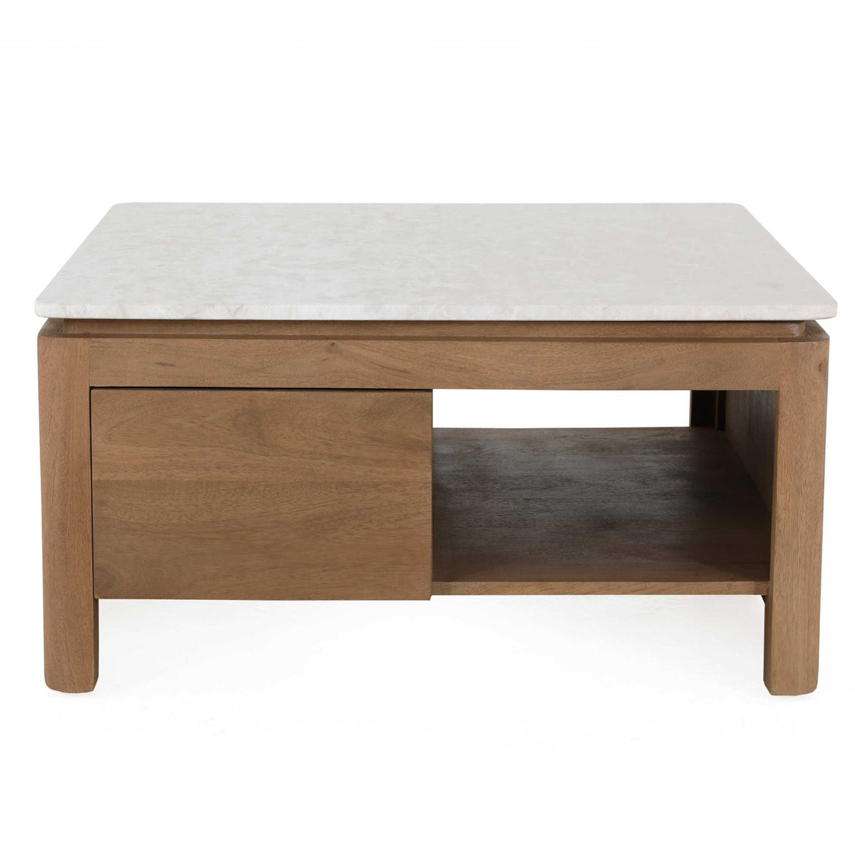 Vierkante salontafel met open vak en lade, naturel mangohout, grijze steenlook blad