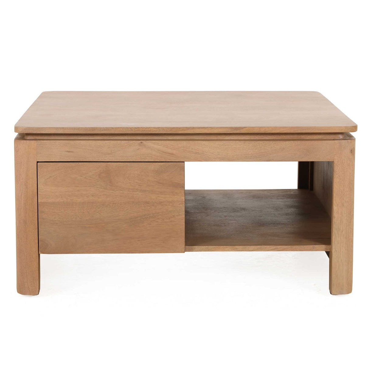 Vierkante salontafel van mangohout met opbergvak en open nis, naturel 80 cm.