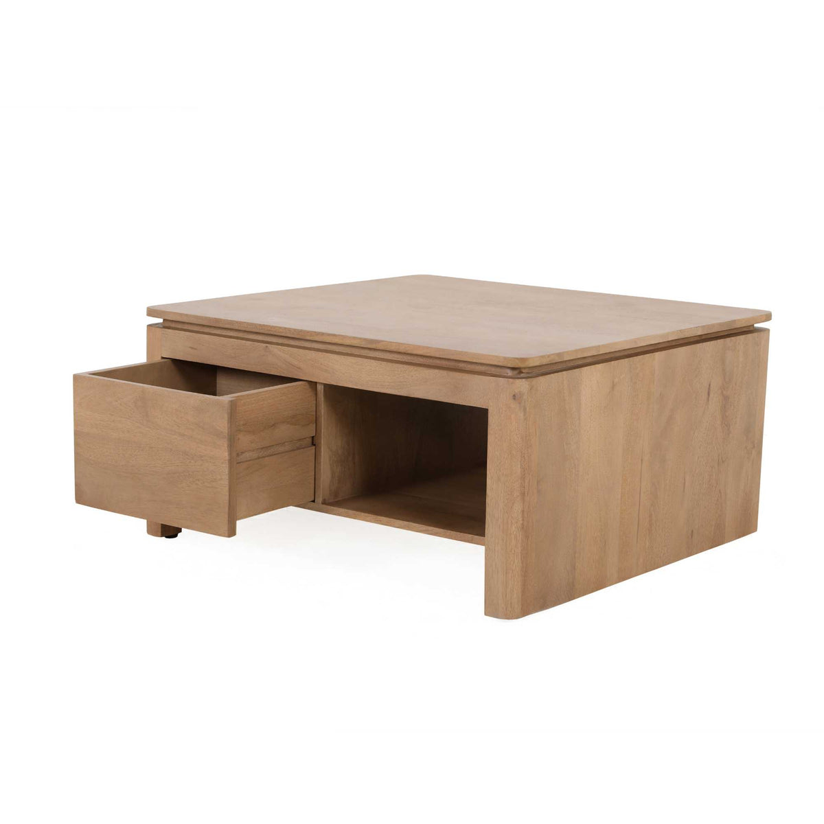 Vierkante salontafel met lade en open vak, naturel mangohout, modern blokvormig design