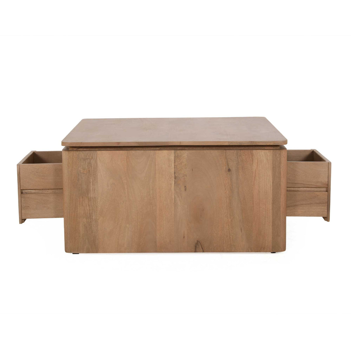 Vierkante salontafel met open zijvakken voor, naturel mangohout, massief blad