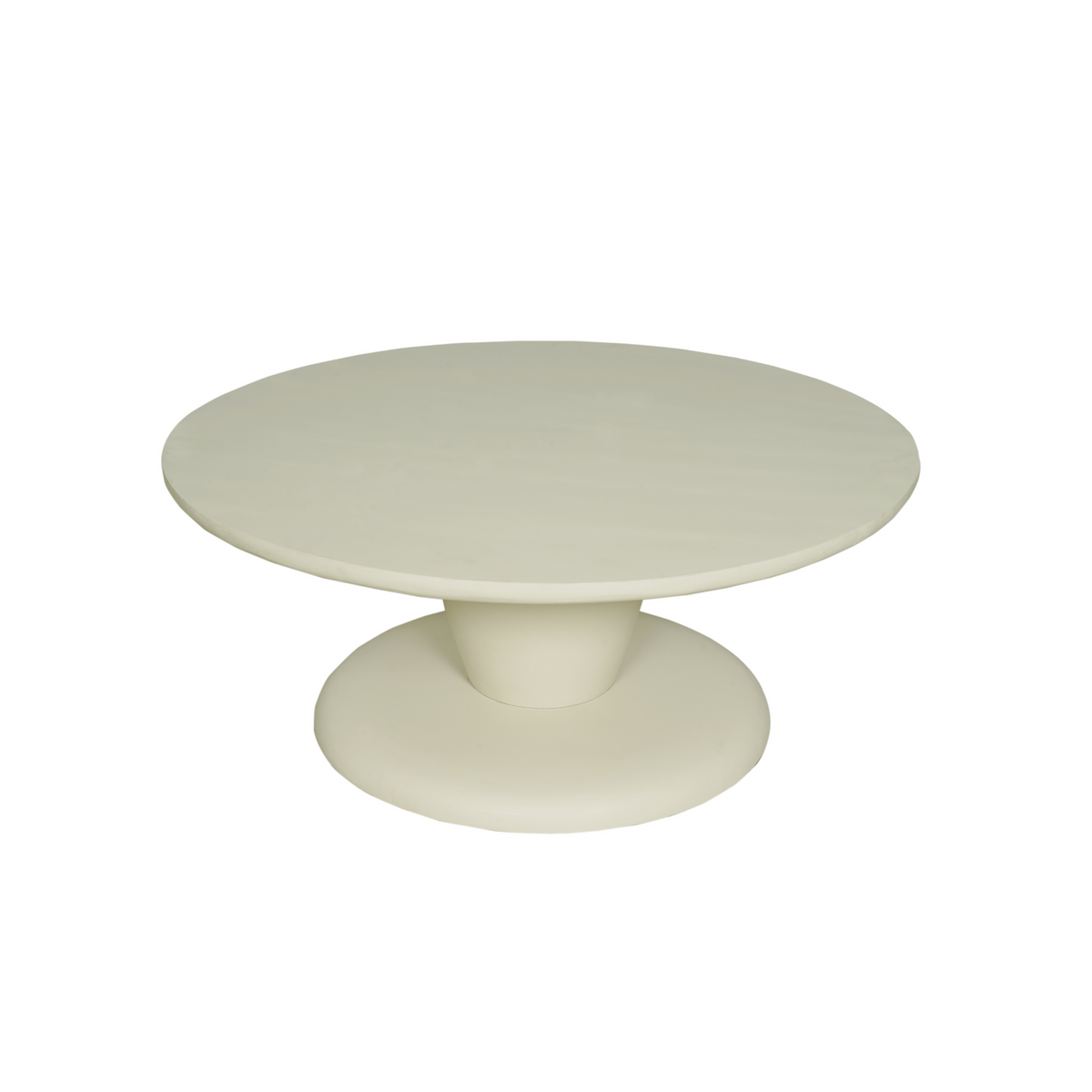 Ronde salontafel met lichtkleurig blad en eivormige centrale onderstel
