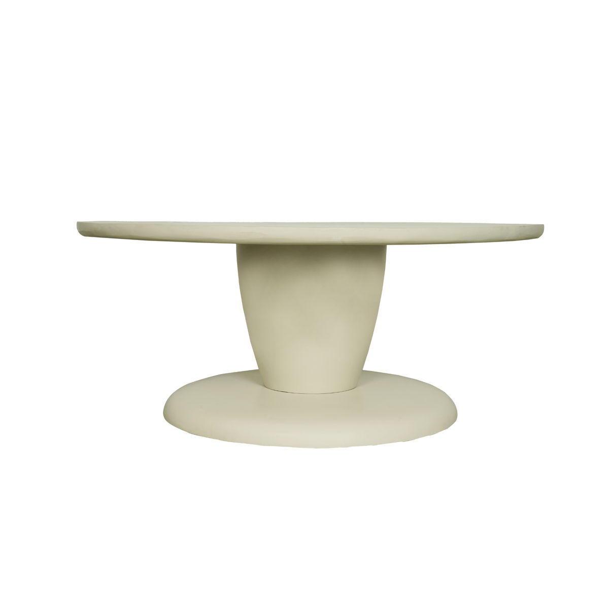 Ronde salontafel met lichtkleurig blad en glad onderstel op voet