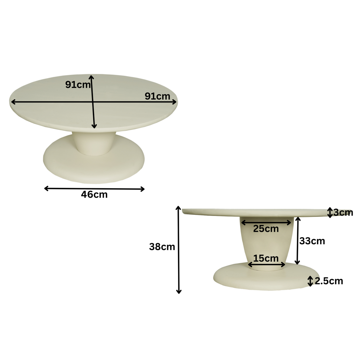Salontafel met maatvoering: 91 cm diameter, 38 cm hoogte