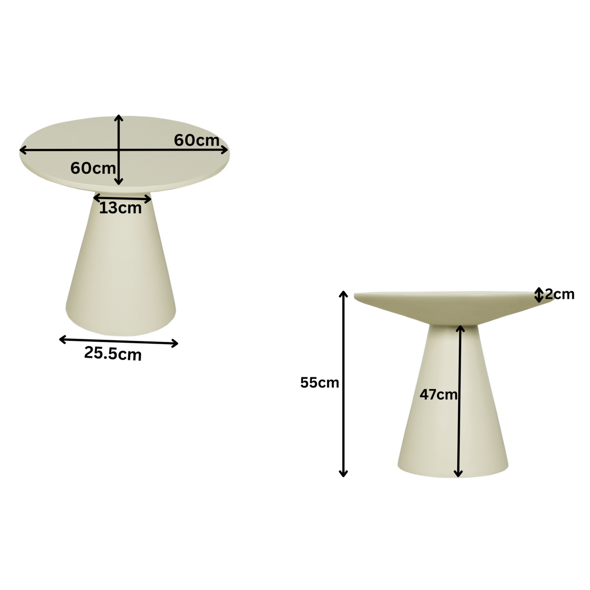 Afmetingen: 60 cm blad, 55 cm hoogte, 25,5 cm voetbreedte