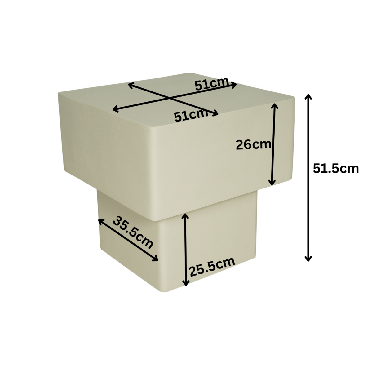 Salontafel Saya 50 cm: 51×51 cm boven, 25,5×35,5 cm voet, 51,5 cm hoog