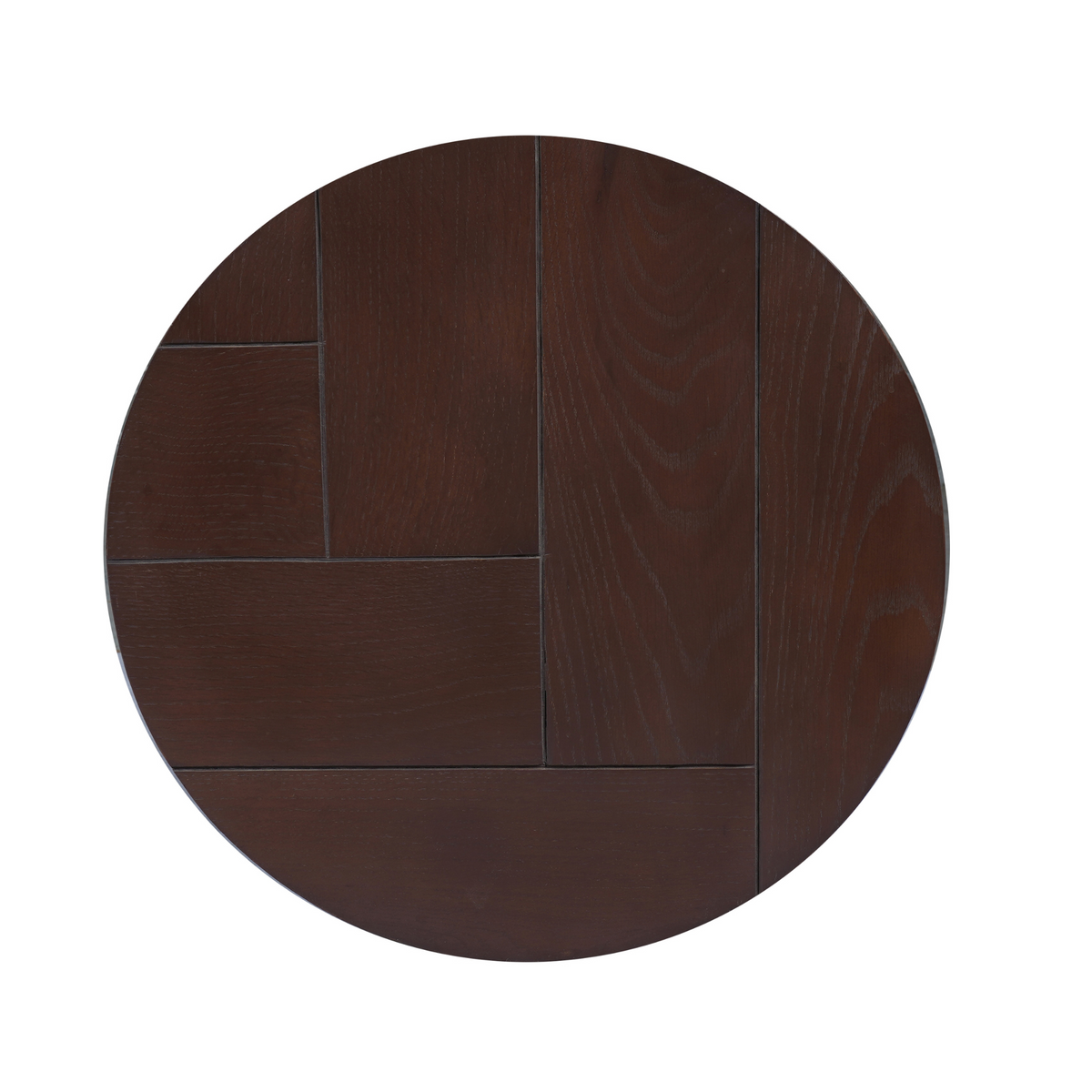 Rond tafelblad van donker hout, zichtbare houtnerven en ingelegde panelen