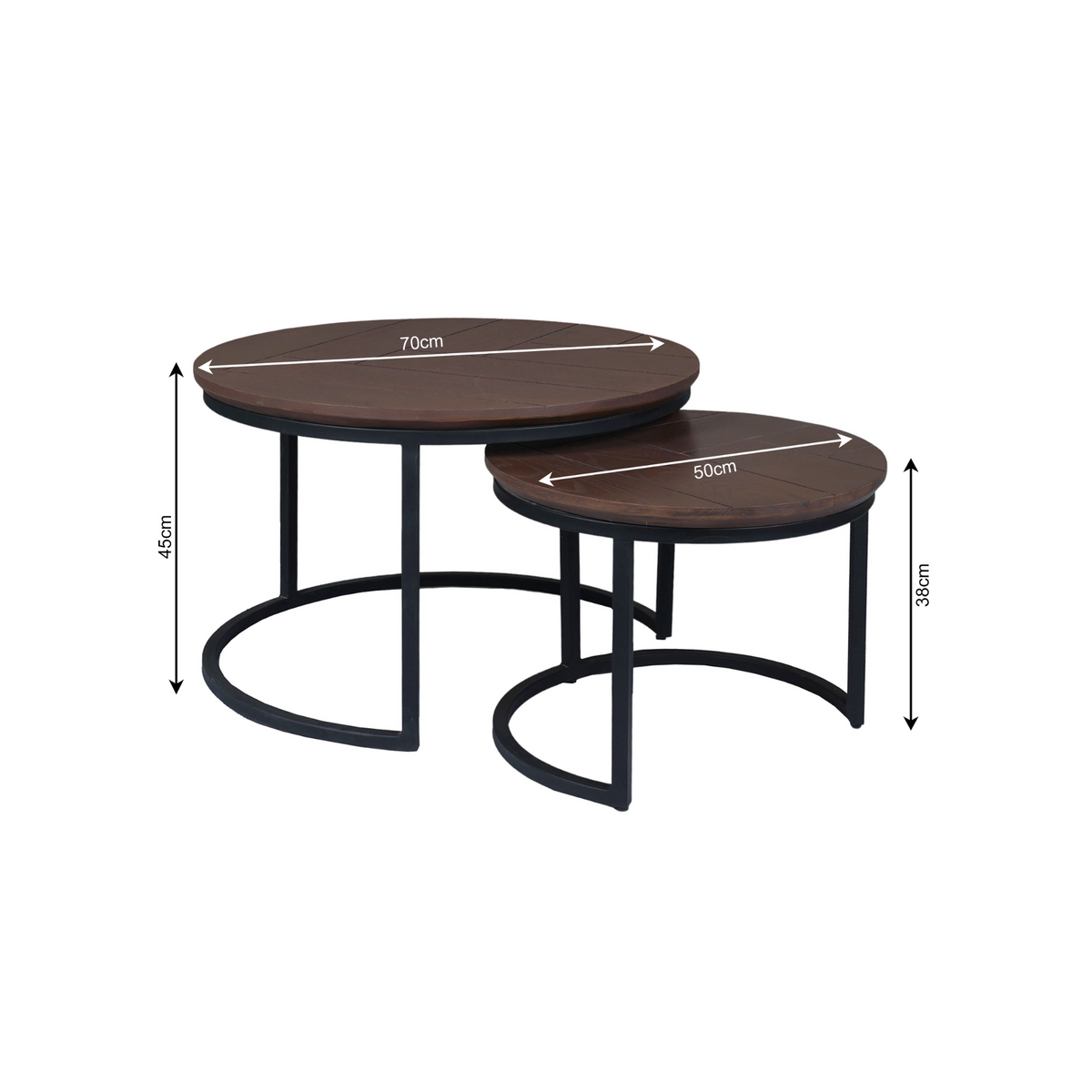 Nesting salontafelset met ronde bladen: 70 cm, 50 cm, hoogte 45 cm en 39 cm