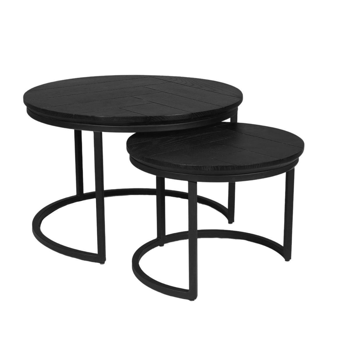 Set van 2 ronde salontafels met zwarte bladen en gebogen zwart onderstel