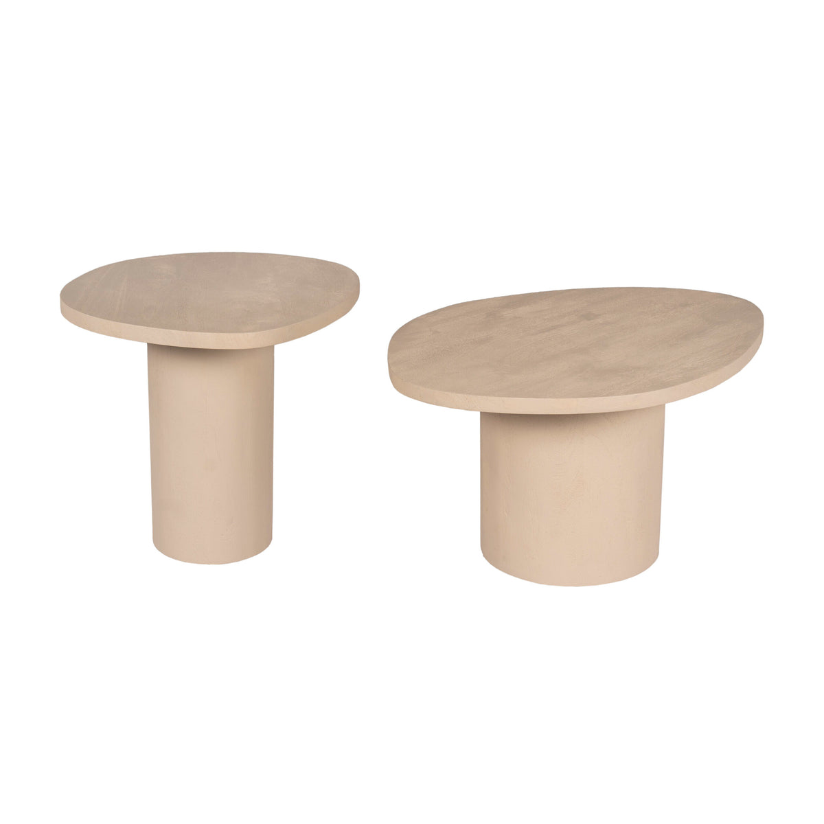 Ronde salontafel met zandkleurig blad en brede, cilindrische poot