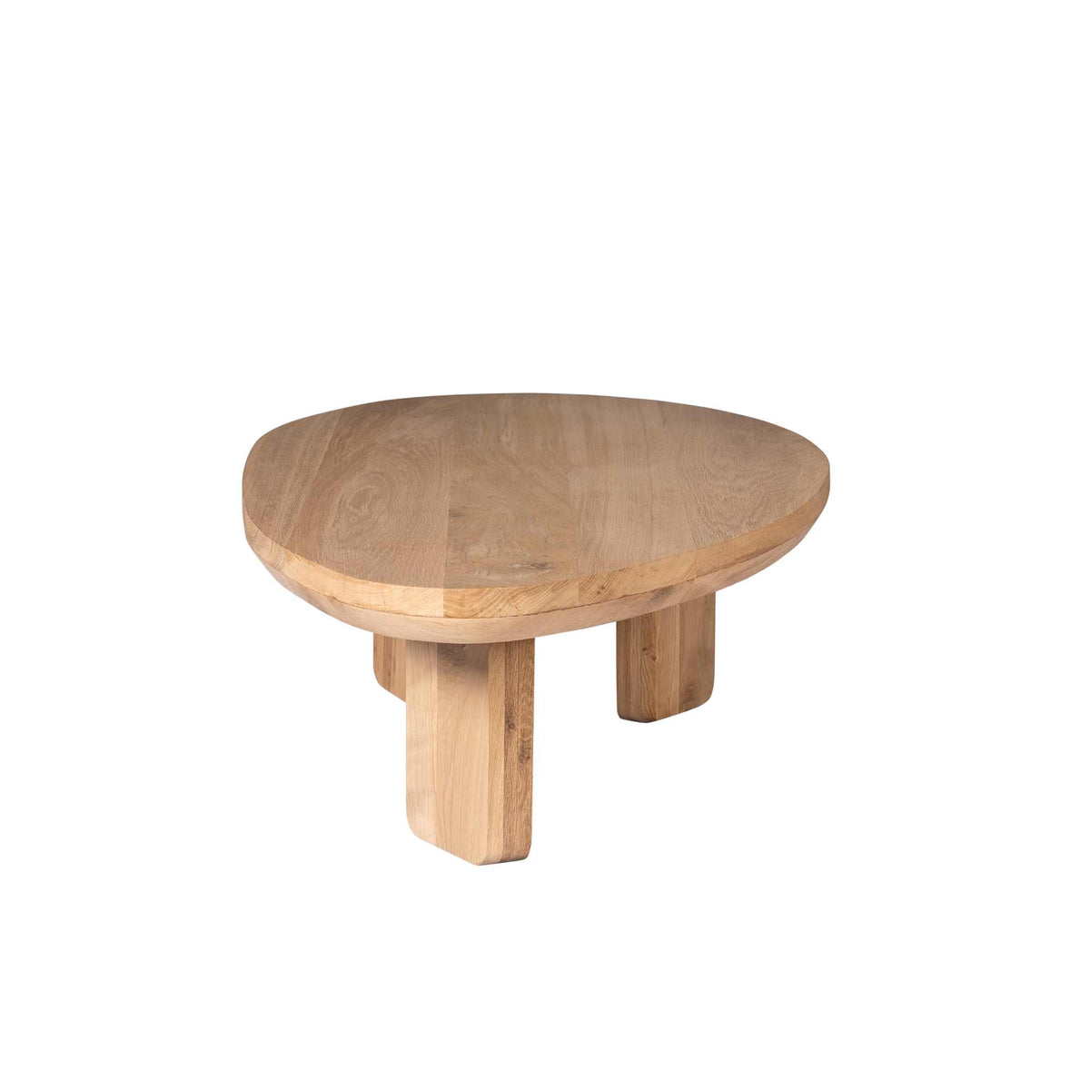 Ovale salontafel van natuur eiken, rond tafelblad met drie zichtbare massieve poten