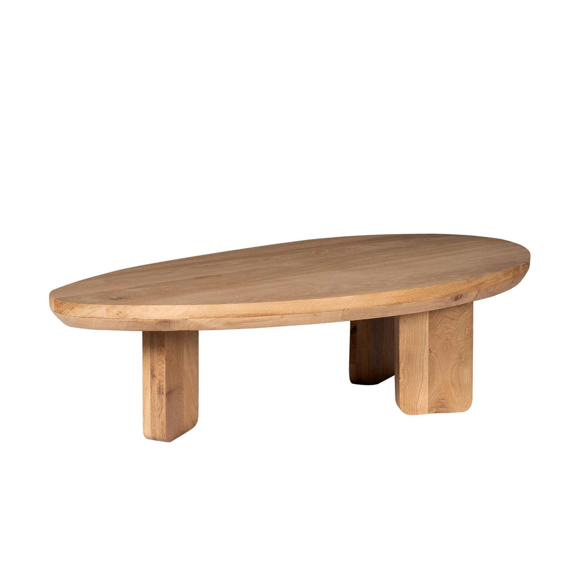 Salontafel met ovaal eiken blad en dikke houten poten, naturel afwerking