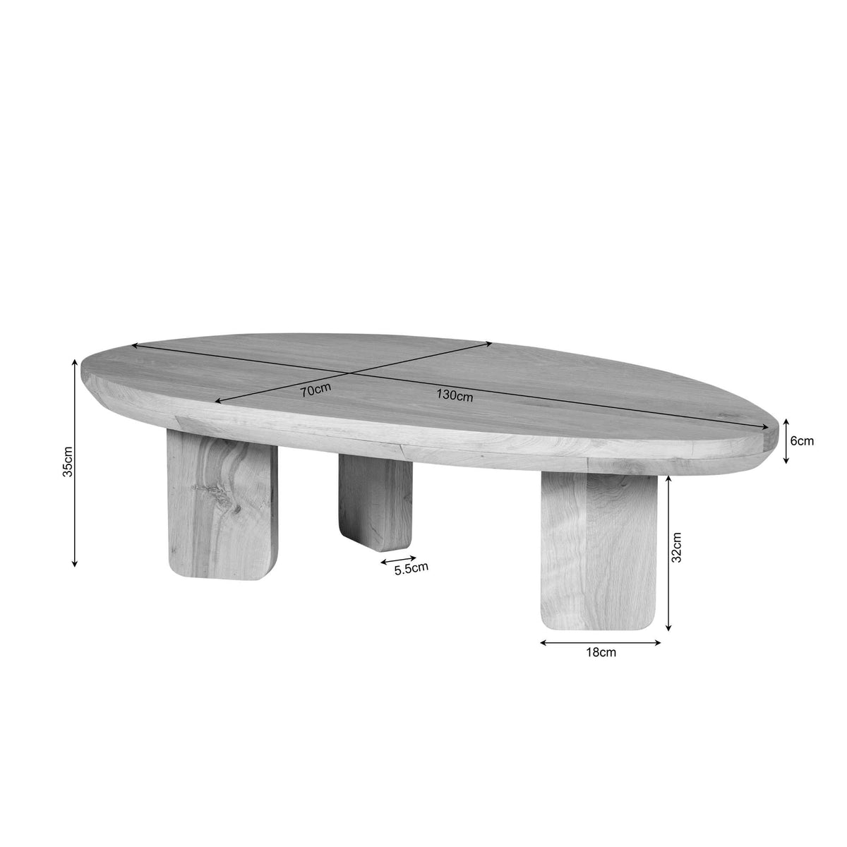 Ovale salontafel van natuur eiken met afmetingen 130×70 cm en hoogte van 55 cm
