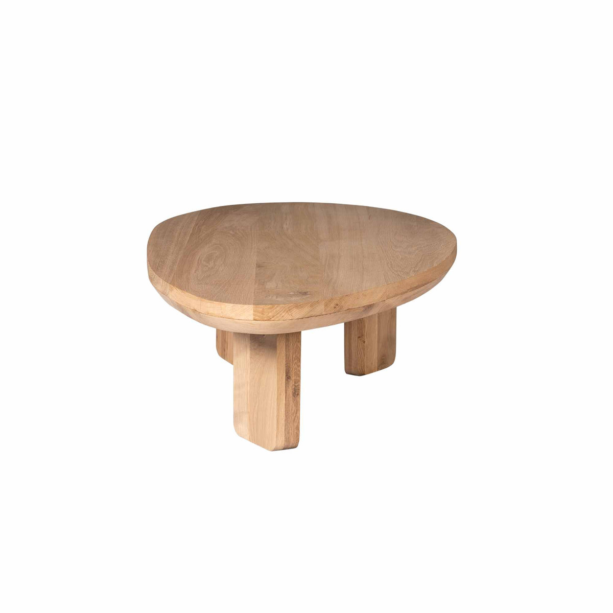 Ronde salontafel met naturel eiken blad en zichtbare houten poten onderaan