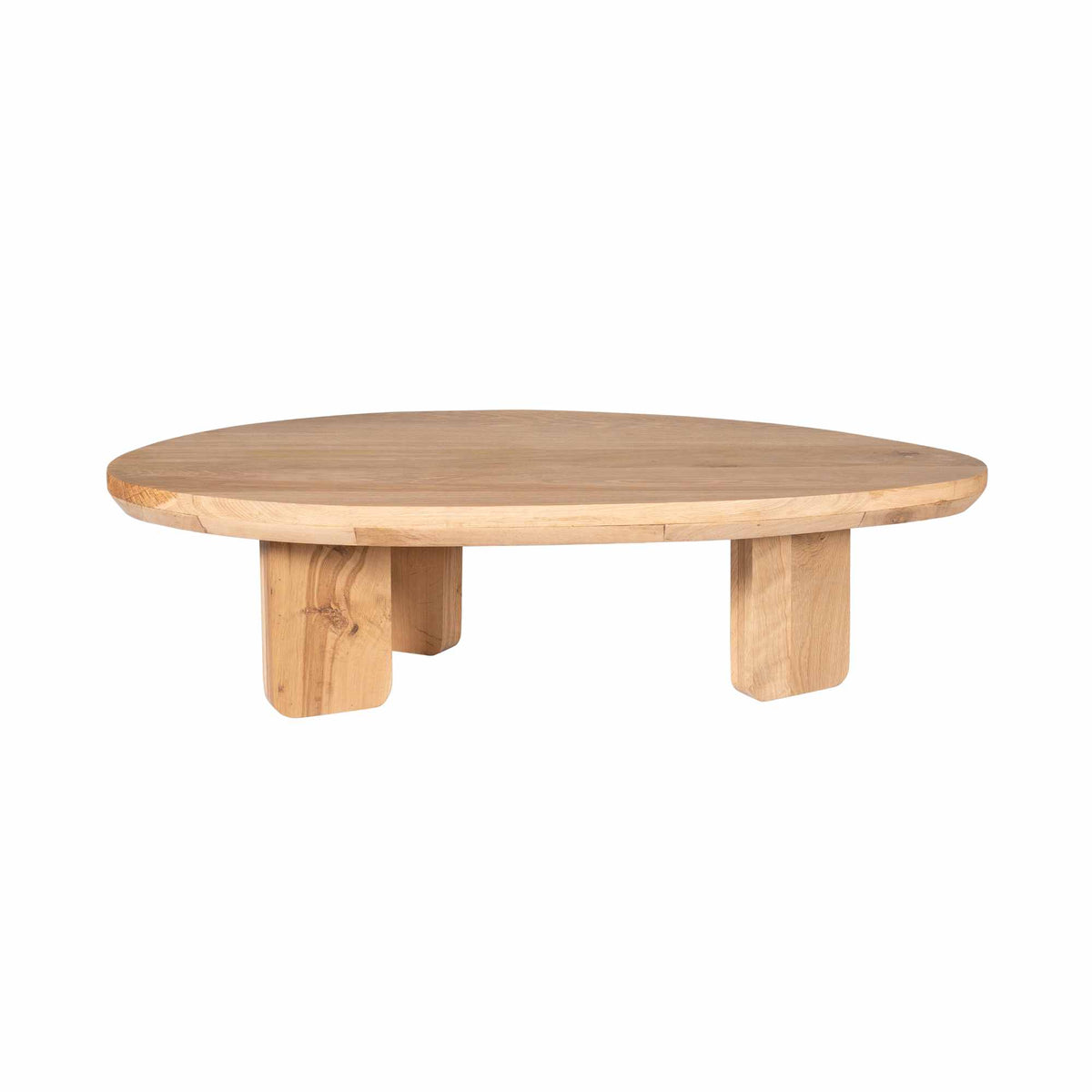 Ronde eikenhouten salontafel met naturel blad en vier stevige poten.