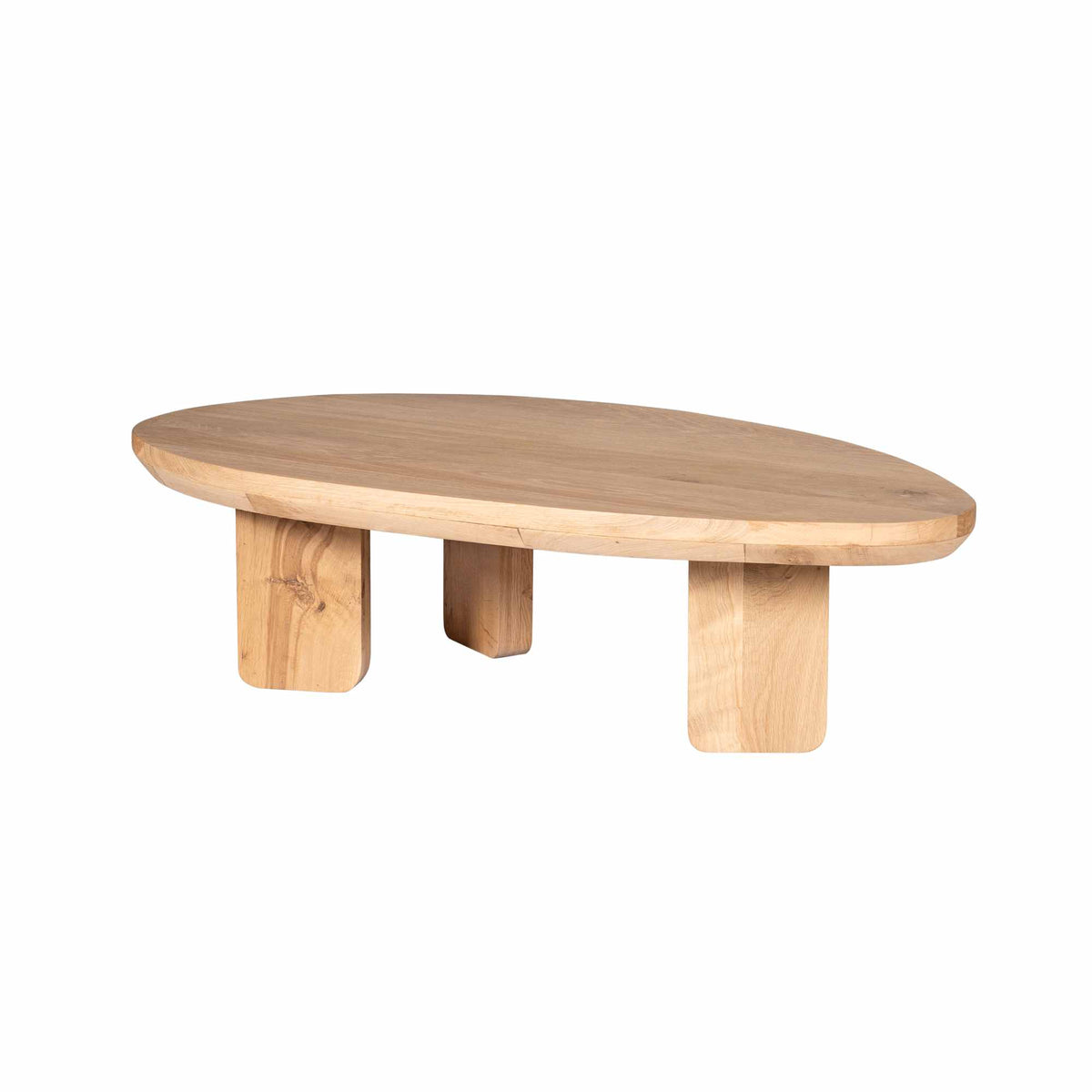 Ronde salontafel van naturel eiken met houtnerf en drie poten, zijaanzicht