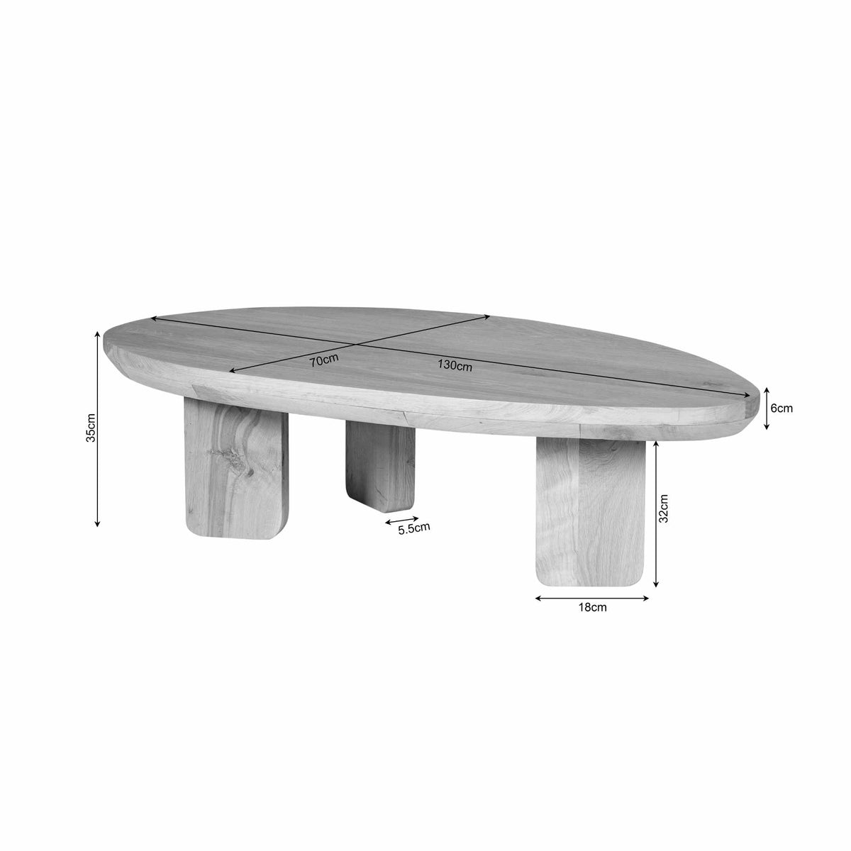 Salontafel Zillah: rond blad van 130 cm, hoogte 25 cm en dikte 6 cm