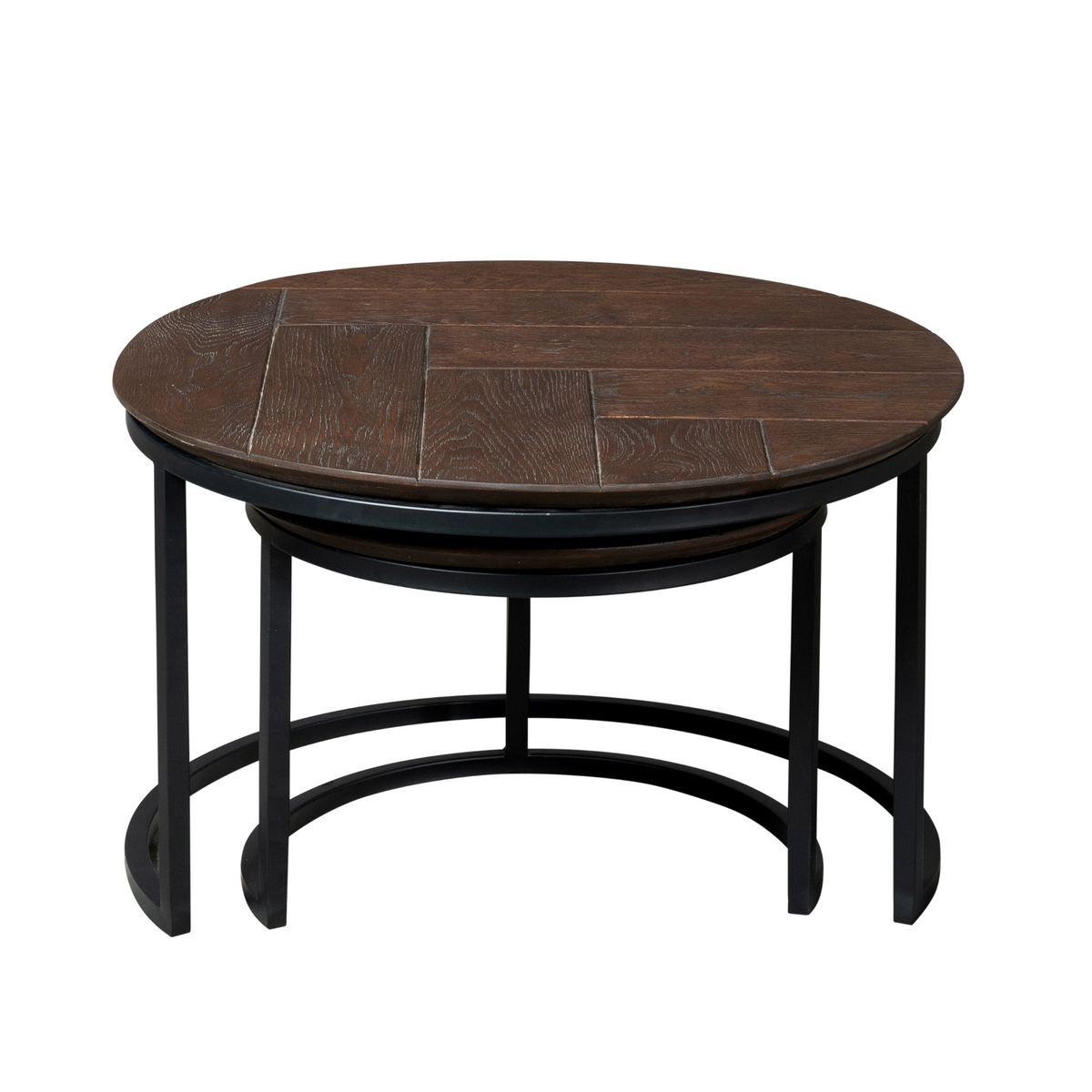 Salontafelset van 2 met rond bruin eiken blad en zwart metalen onderstel