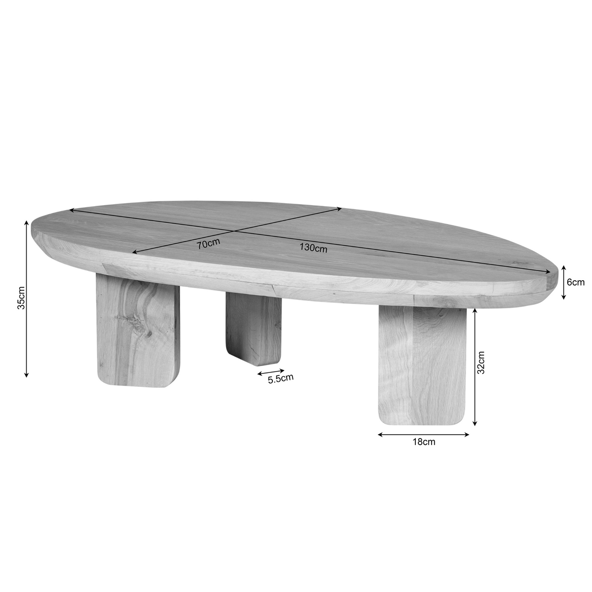Salontafel met ronde vorm: 130 cm lang, 35 cm hoog en 6 cm dik blad