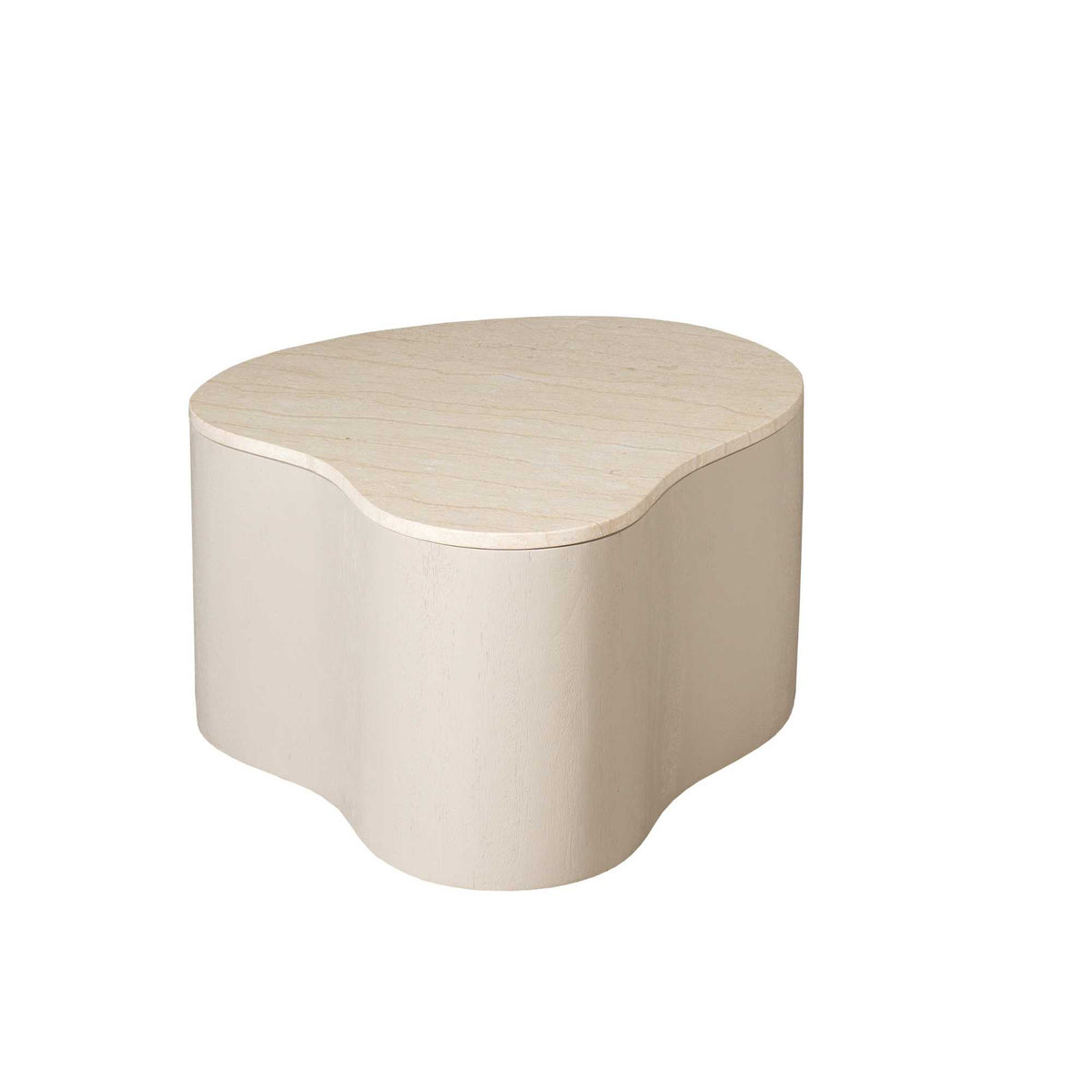 Zandkleurige salontafel met massieve ronde vorm en licht houtnerf blad