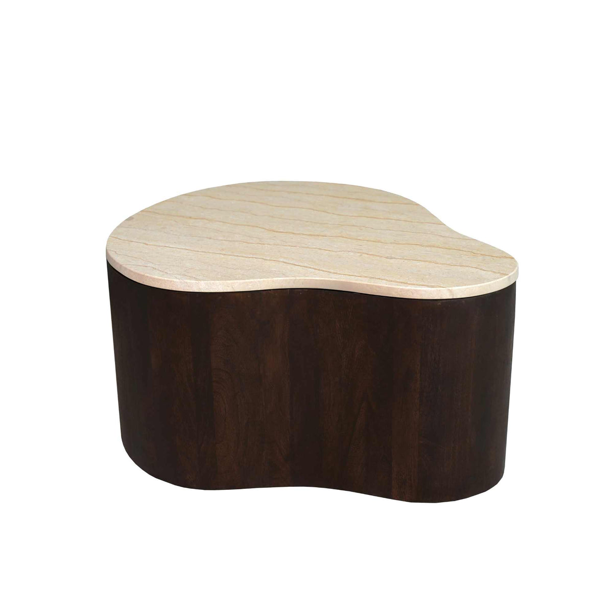 Salontafel met donker houten voet en licht houtnerf blad, rond met organische vorm