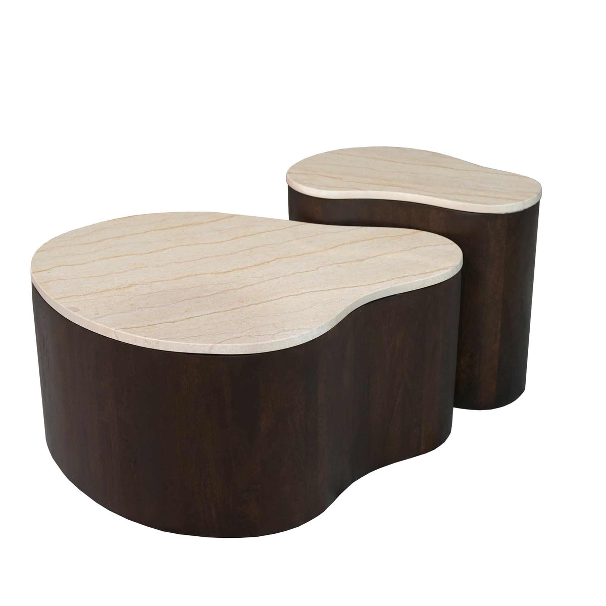 Twee ronde salontafels met donker houten voet en licht houtnerf blad