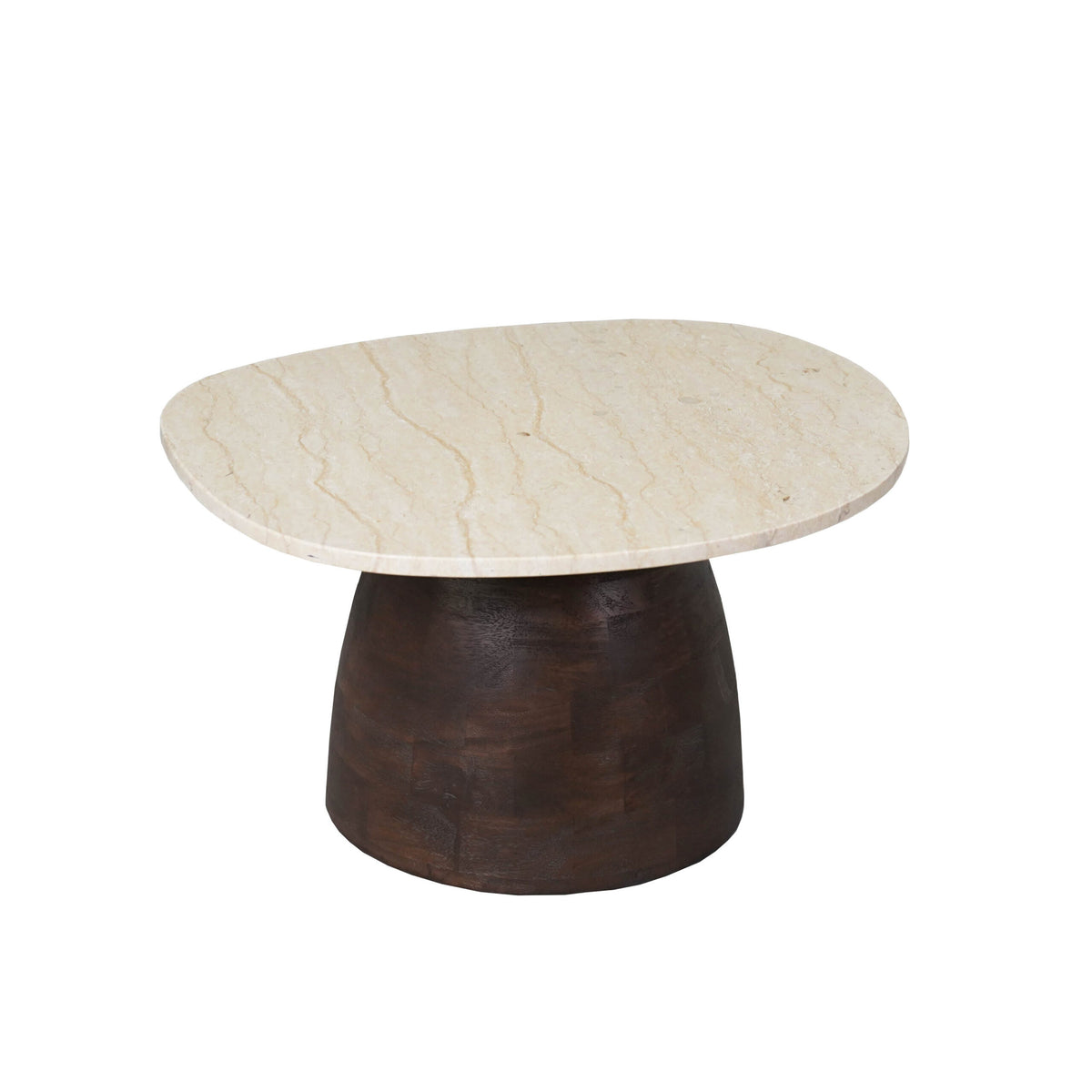 Ronde salontafel met beige marmeren blad en donkere houten voet, 70 cm