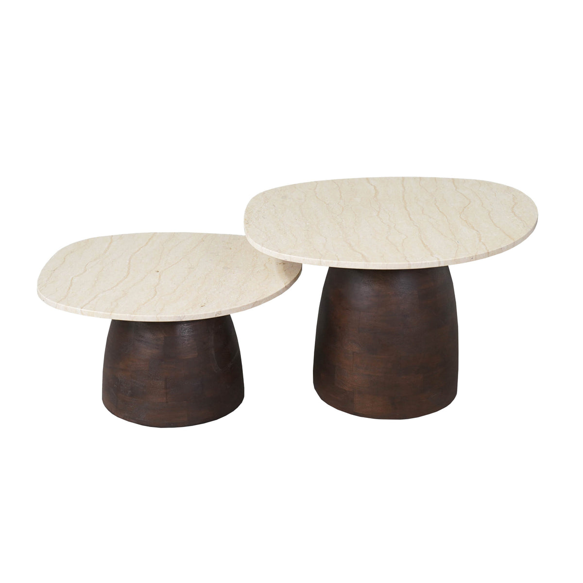 Set van twee ronde salontafels met beige marmeren bladen en donkere houten poten