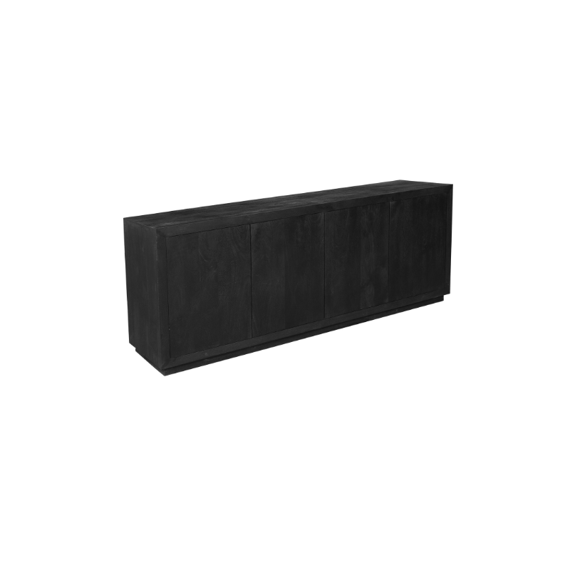 Zwart dressoir met paneelindeling en strakke plint, zijaanzicht van de kast.