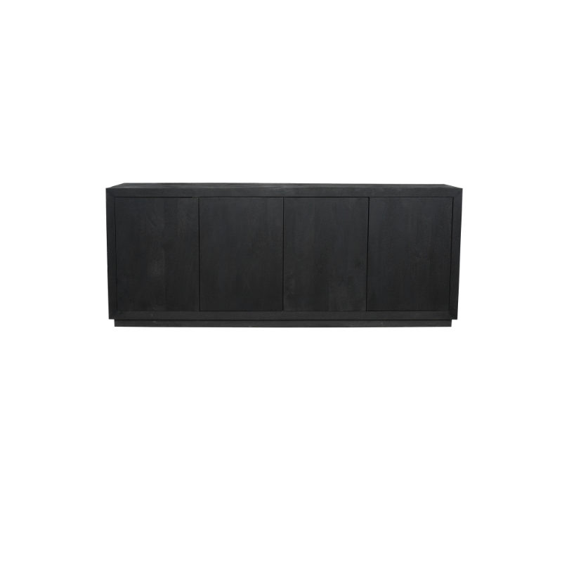 Zwart dressoir met vier grote paneeldeuren en lage brede vorm, matte afwerking.