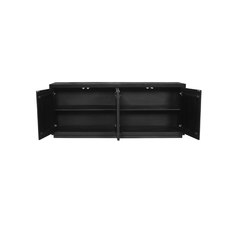 Zwart dressoir met twee open deuren en zichtbare legplanken in het interieur.