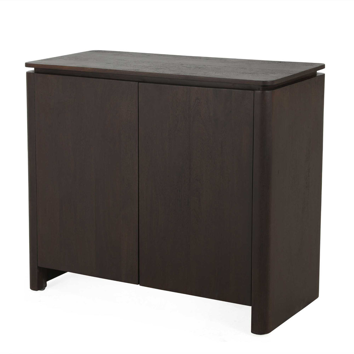 Bruin mangohouten dressoir met twee deuren en rechthoekig marmeren blad, lage kast