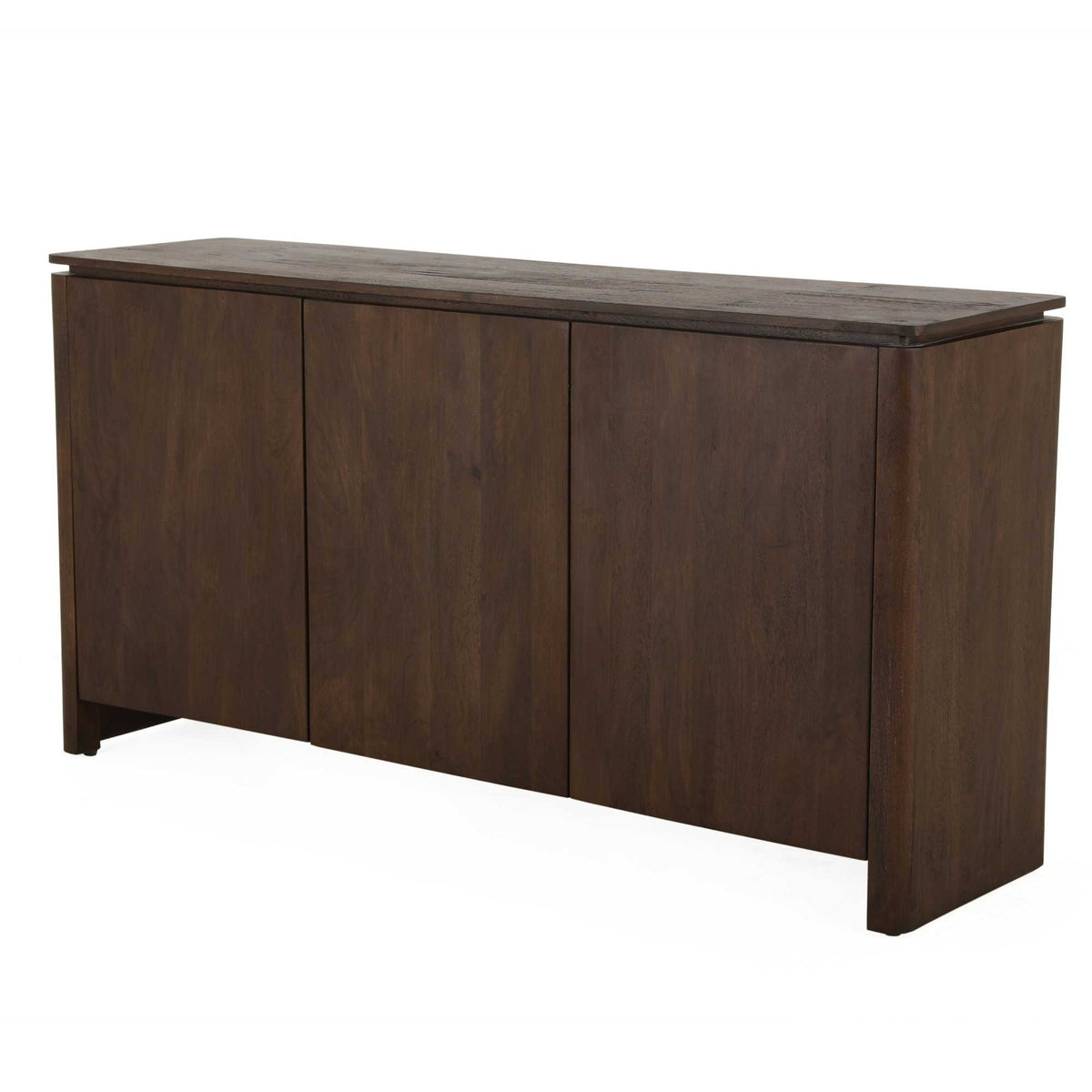 Bruin mangohouten dressoir met licht marmeren blad, vier deurpanelen in rij