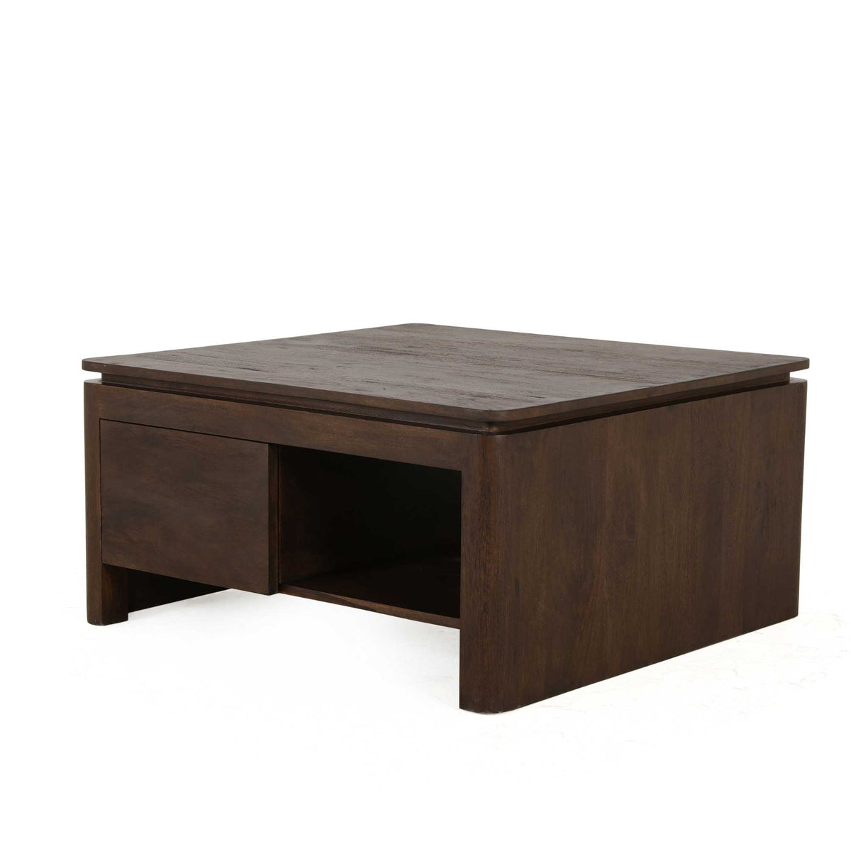Vierkante salontafel bruin mangohout met open vak en massieve poten.