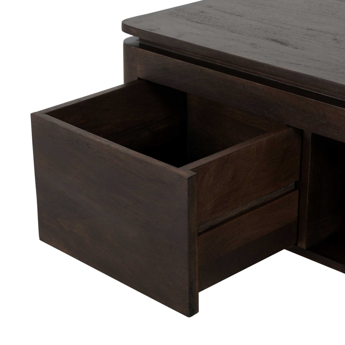 Vierkante salontafel bruin mangohout met opbergvak en open schuiflade.