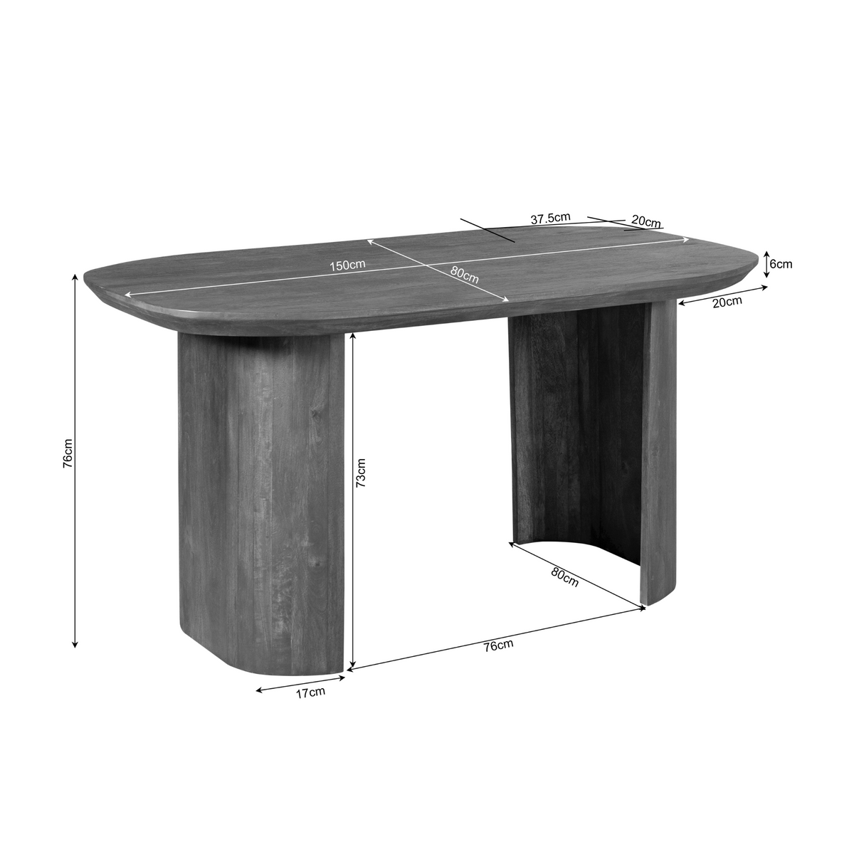 Bruin houten bureau met afmetingen en onderframe in technische tekening