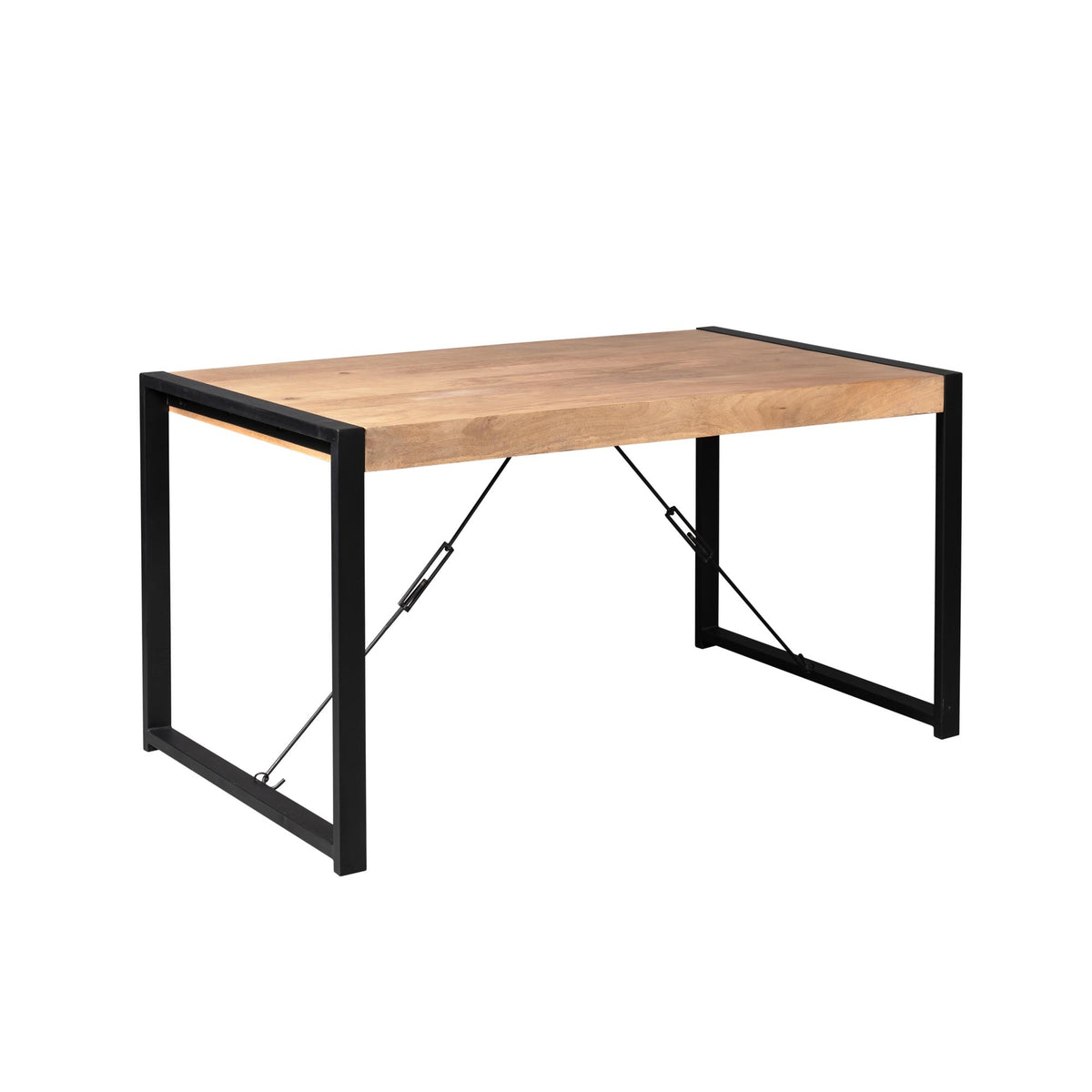 Eettafel met licht houten blad en zwart metalen onderstel met diagonaal kruissteun.