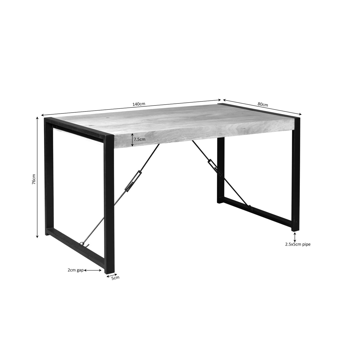 Eettafel 140 cm met licht houten blad en zwart metalen frame, afmetingen schets.