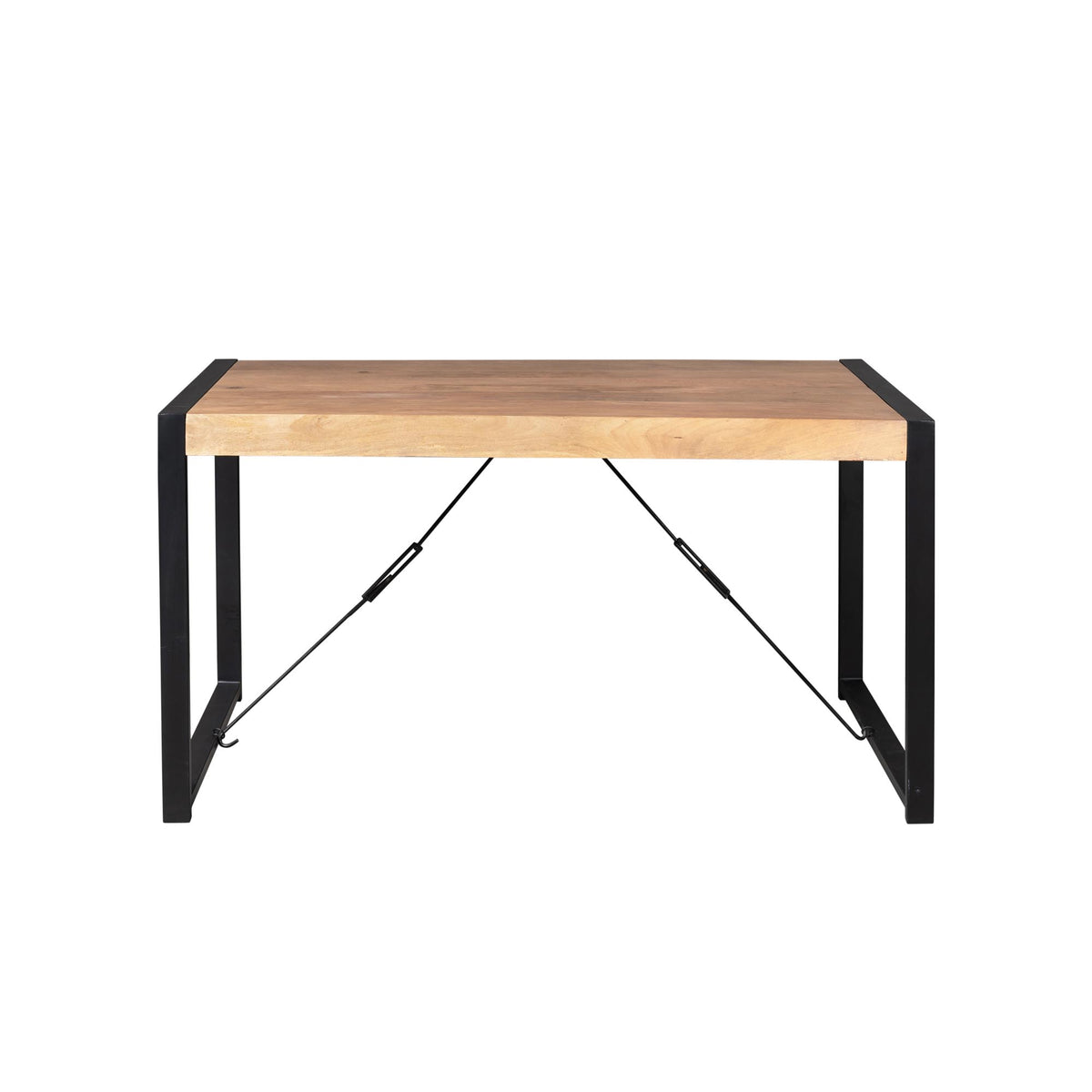 Eettafel met houtkleurig blad en zwart metalen onderstel met diagonaal verankering.