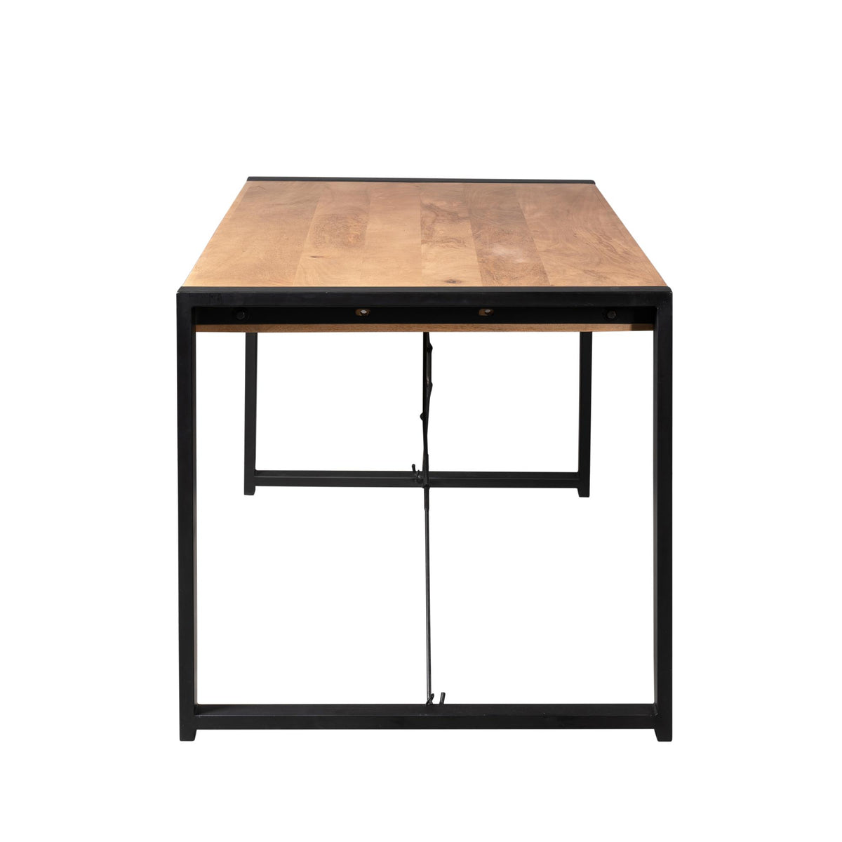 Eettafel met houten blad en zwart metalen frame, onderzijde met middensteun.