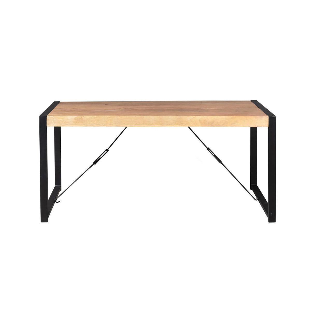 Eettafel met houten blad en zwart metalen onderstel, frontaanzicht