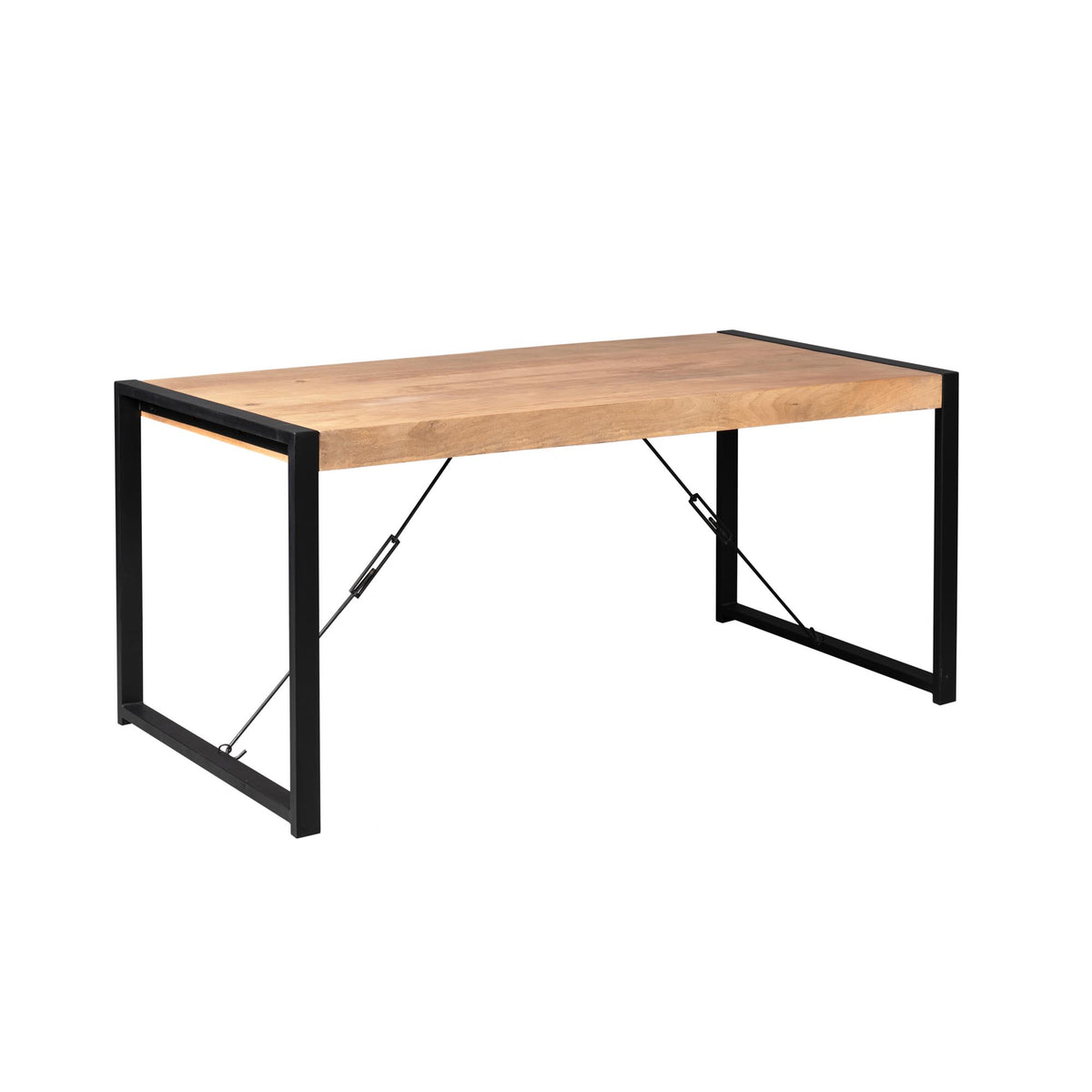 Eettafel met houten blad en zwart metalen frame, ander hoekaanzicht