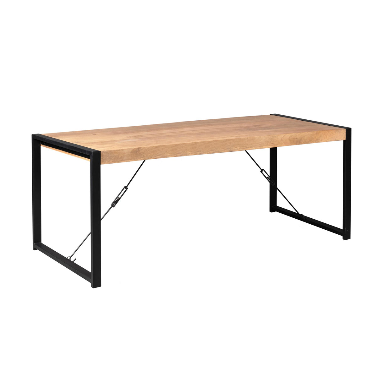 Eettafel Britt vanuit zijaanzicht, houten blad en zwart metalen frame