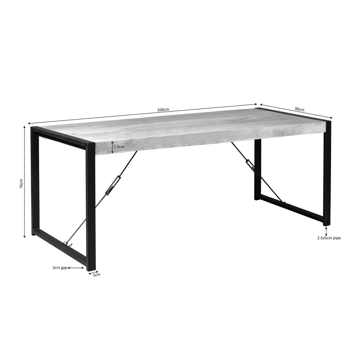 Eettafel Britt van 200 cm, houten blad en zwart metalen frame met stangen