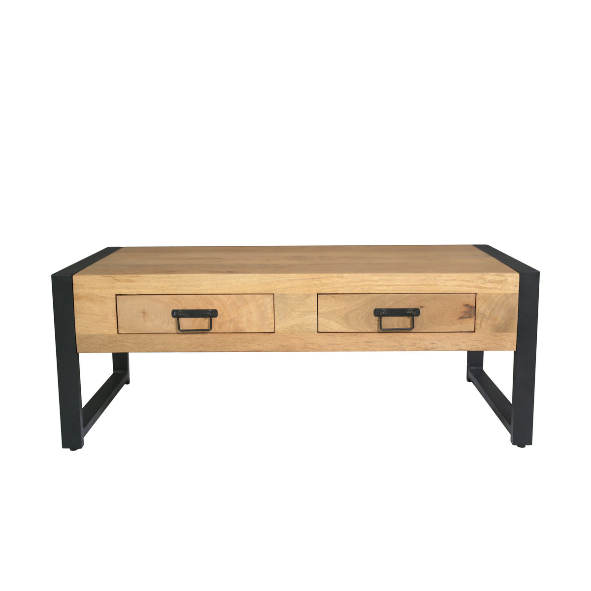 Salontafel met twee lades, licht hout en zwarte metalen poten.