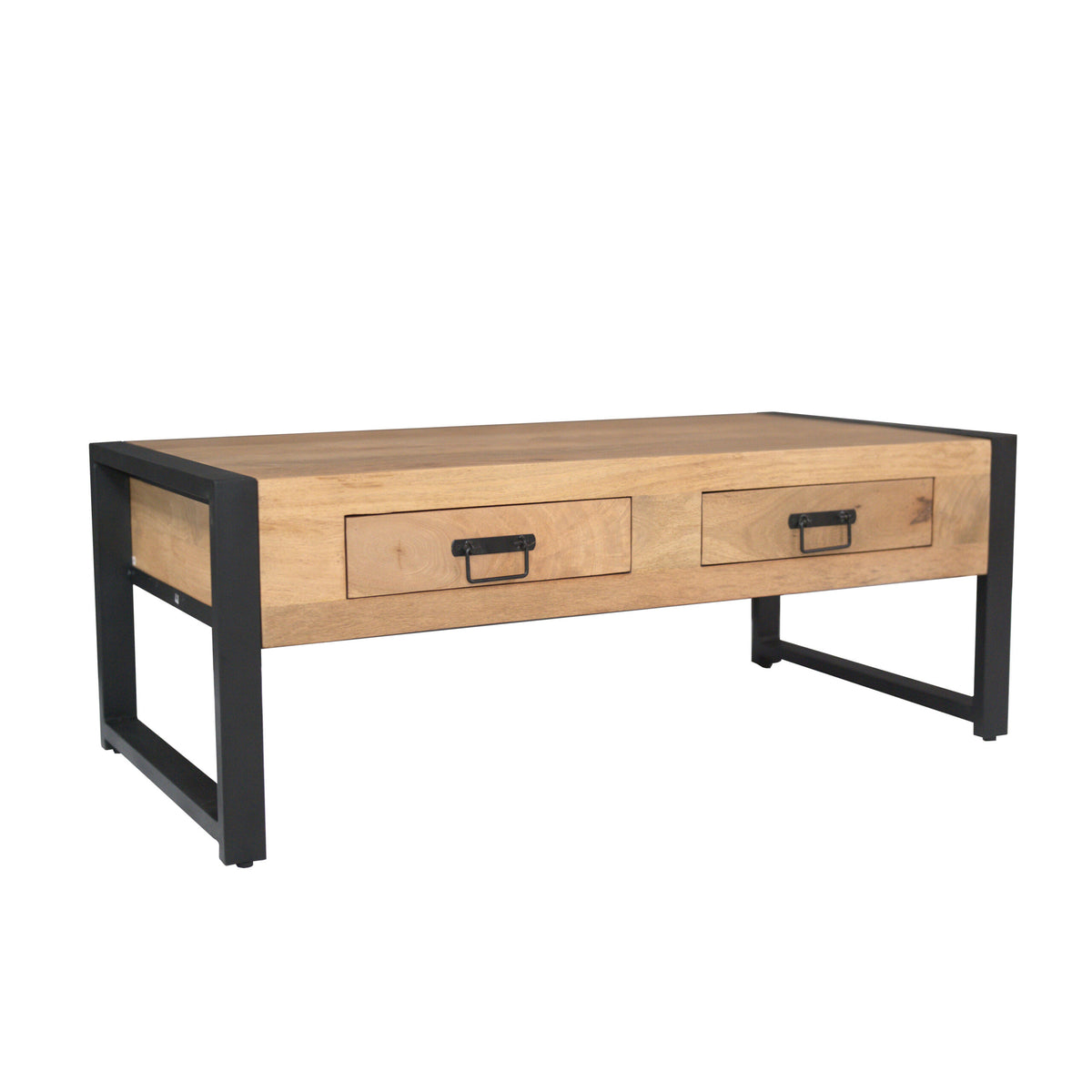 Salontafel met twee lades, zichtbare zijpanelen en zwarte poten.